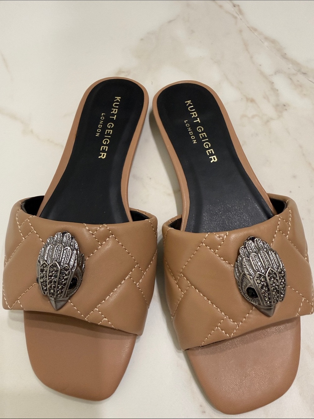 Kurt Geiger Quilted Camel Slide Mules with Eagle Silver Emblems Size 8